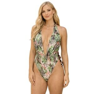 Fashion Nova Tropical Animal Print High Wisted Plunge Swimsuit Size XS Beach
